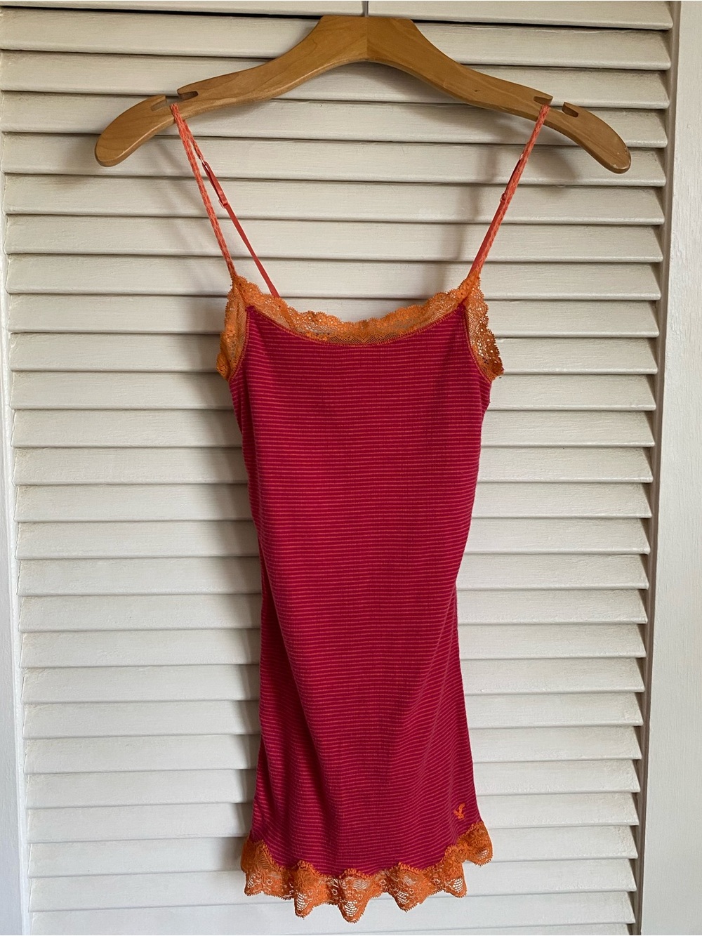 American Eagle Y2K Pink & Orange Striped Cami with Lace Details
